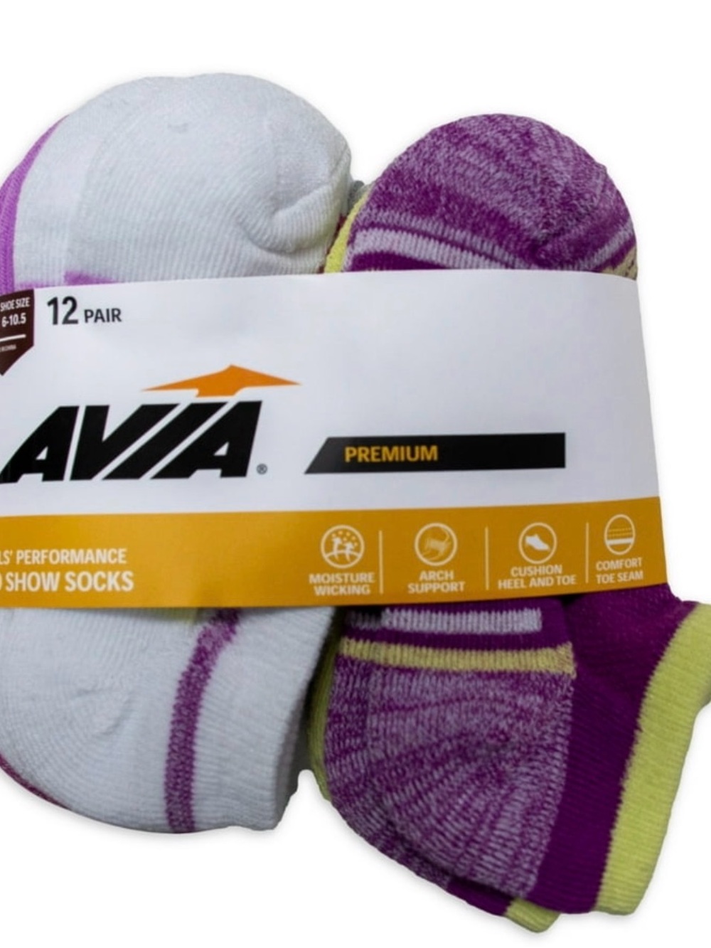 AVIA Girls No-Show Socks - White & Purple - 12 Pair, fits shoe size 6-10.5